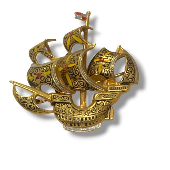 Vintage Gold-Tone Ship Brooch Pin With Filigree Design & Enamel Details - Picture 3 of 6